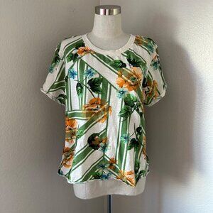 Anthropologie Maeve Cotton Tee Shirt Floral Striped Graphic Print Cropped Boxy F